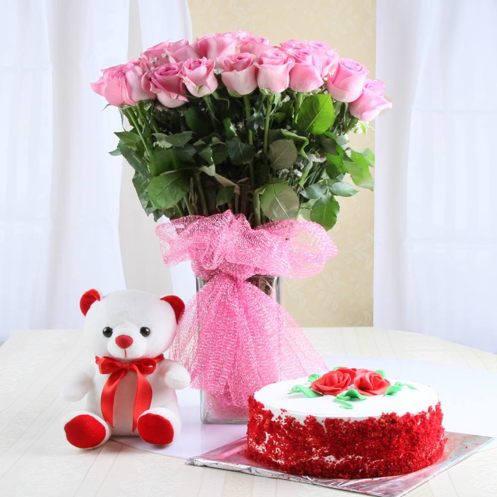 Pink Rose With Vase & Teddy  With Red Velvet Cake